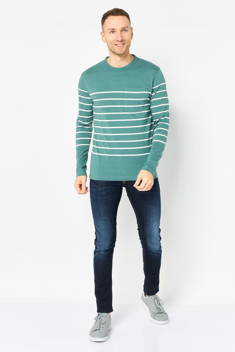 Celio Men Crew Neck Long Sleeve Stripe T-Shirt, Green British - Image 3